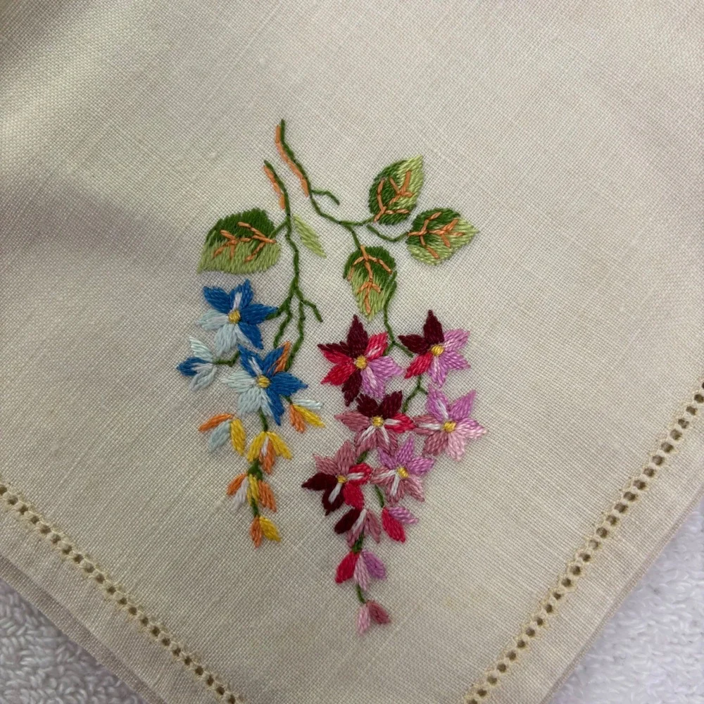 Handmade Embroidered Linen Handkerchief Floral Wisteria Blue‎ Pink Purple Accent